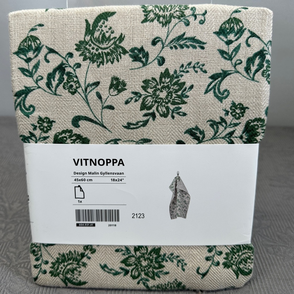 Ikea VITNOPPA Green Floral Linen Dish Towel 18x24”